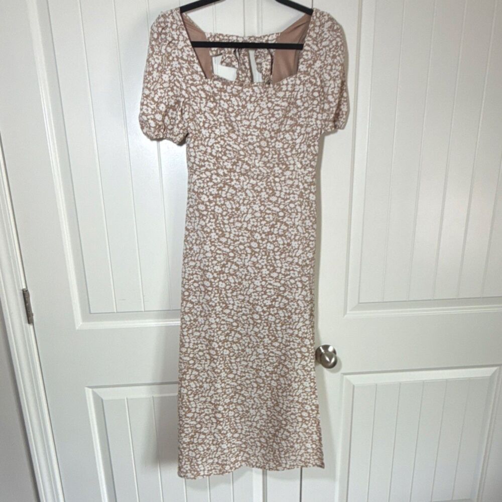 ALTARD STATE Beige White Floral Puff Sleeve Midi Dress Bow Ruffle Women's S